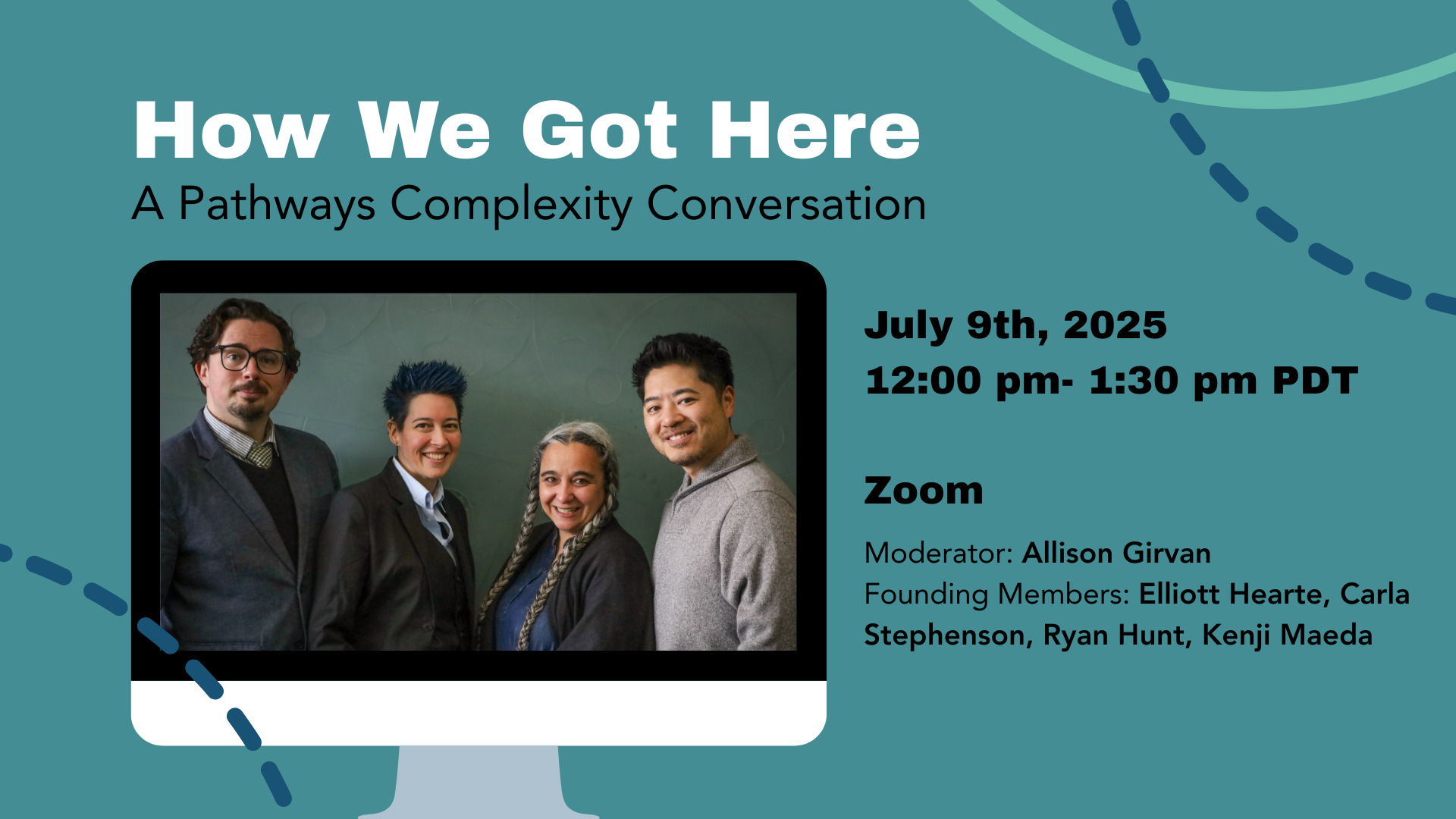 Complexity Conversation Graphic, featuring a photo of Ryan Hunt, Elliott Hearte, Carla Stephenson, and Kenji Maeda. The photo of the leadership team is framed by a computer screen.