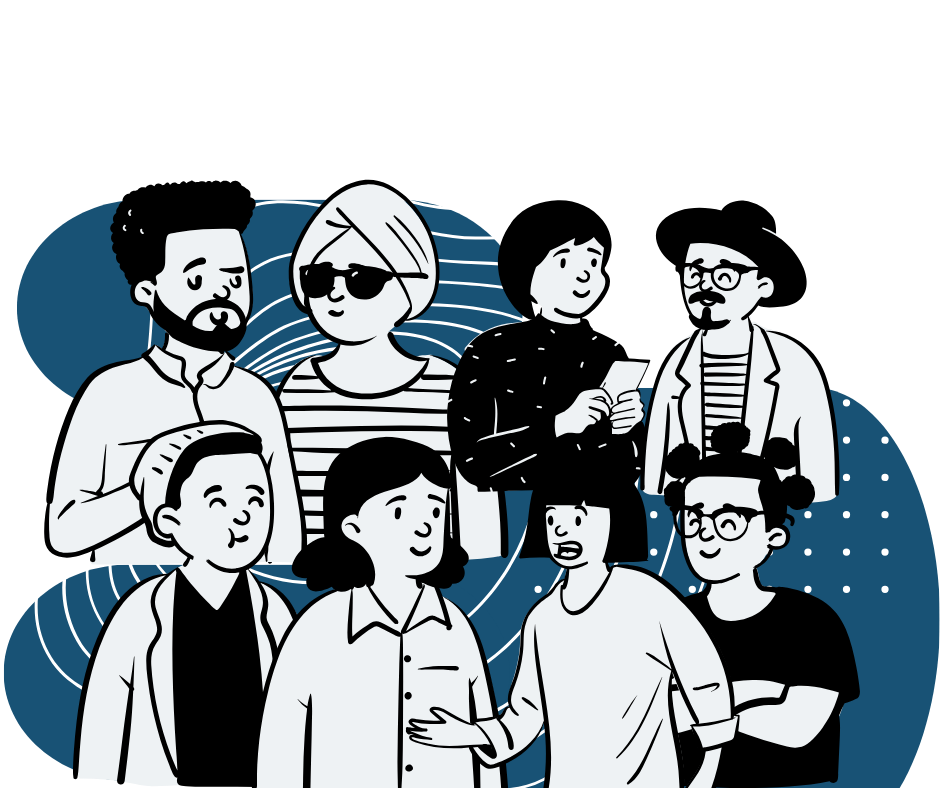 An illustration of a group of people in conversation with each other