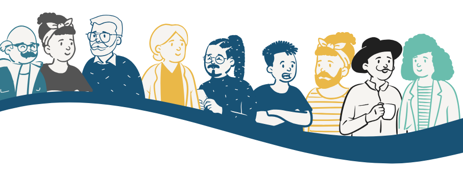 Illustration of a group of people standing in a line having conversations. There is a wavy blue line at their mid-height.