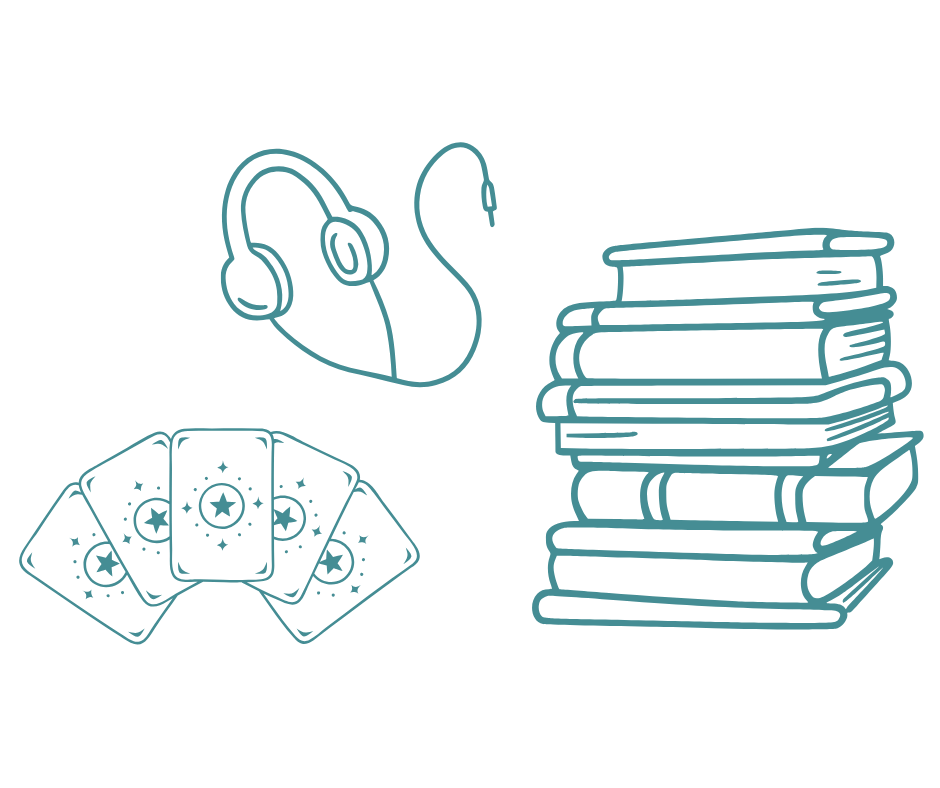 Illustration of cards in a fan shape, headphones, and a stack of books