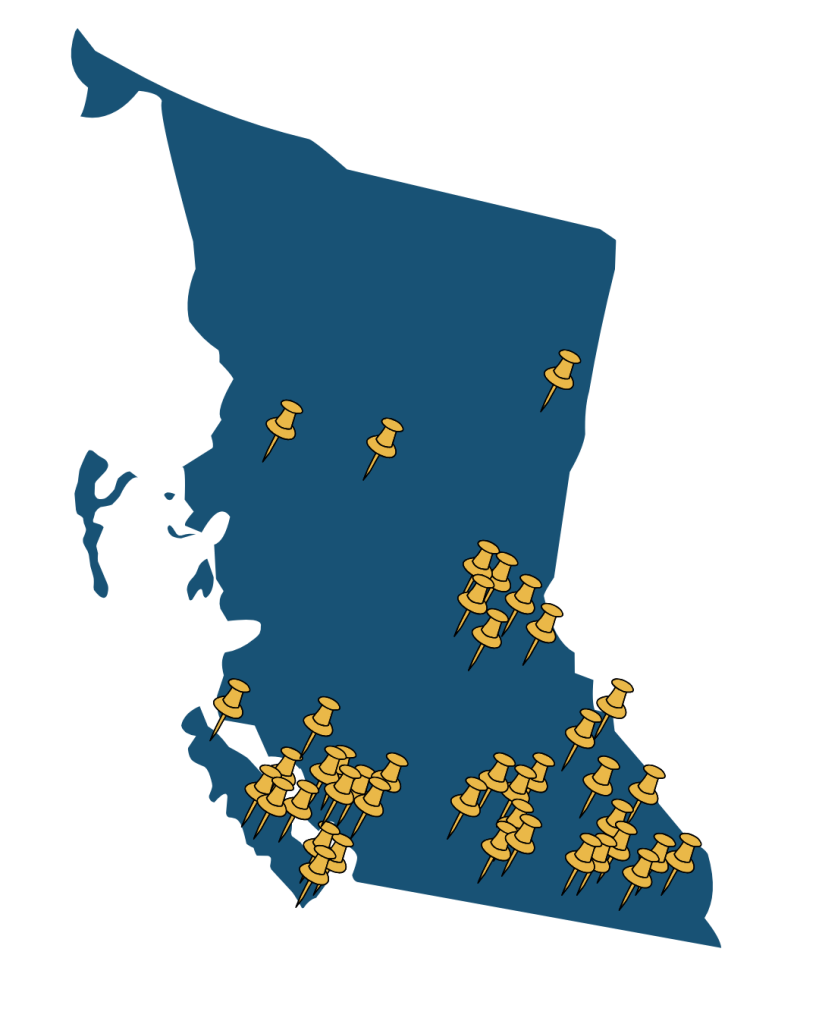 A navy blue map of the province of BC, dotted with yellow pins. There are large concentrations of pins on the lower mainland, Vancouver Island, the Kootenays, the Okanagan, and the Cariboo region, with several other pins throughout Northern BC and other areas of the province.