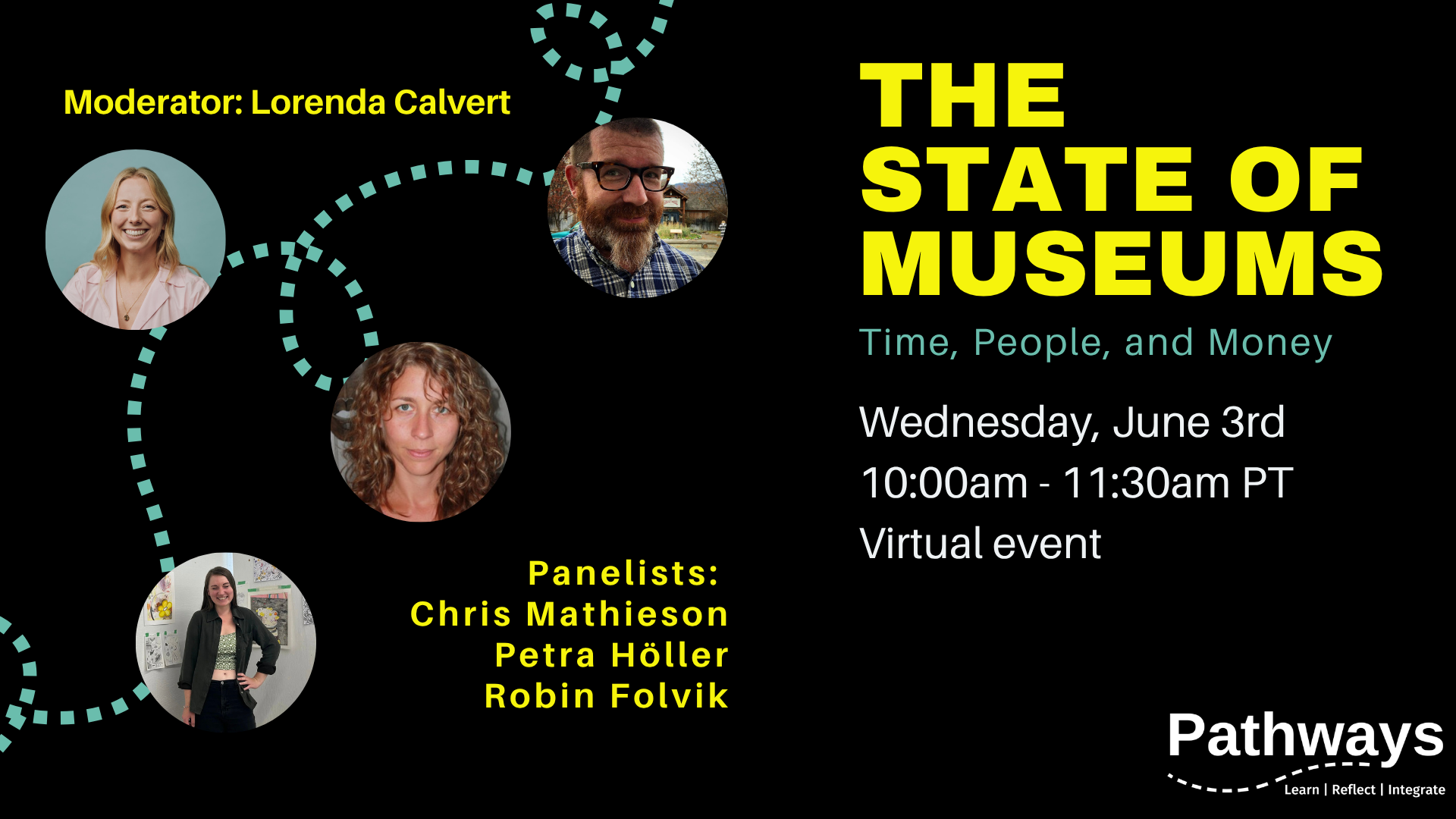 Event graphic contains circular photos of panelists and moderator, with a green dotted line connecting the photos. Text reads: The State of Musuems: Time, People, and Money. Wednesday, June 3rd, 10:00am-11:30am PT. Virtual Event. 