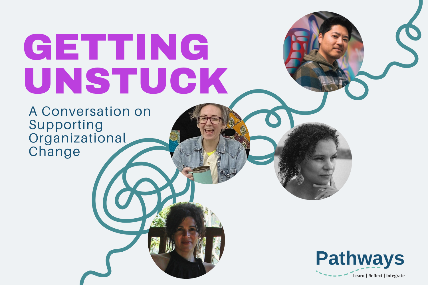 Event graphic for "Getting Unstuck: A Conversation on Supporting Organizational Change". Featuring the photos of the moderator and panelists alongside a tangled line, that becomes untangled as it unfolds across the image.