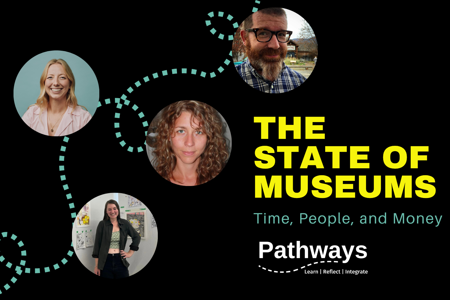 Event graphic contains circular photos of panelists and moderator, with a green dotted line connecting the photos. Text reads: The State of Musuems: Time, People, and Money. 